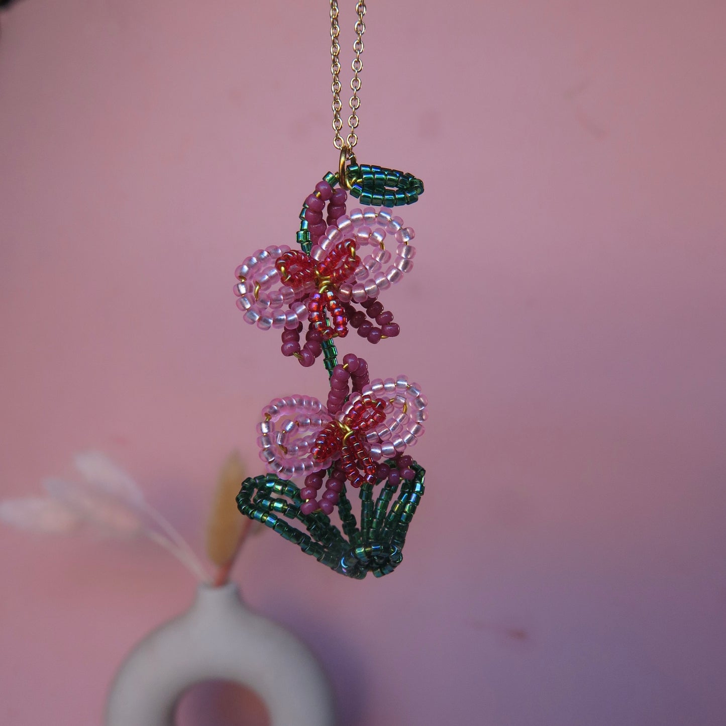 Beaded Pink Orchid Pendant